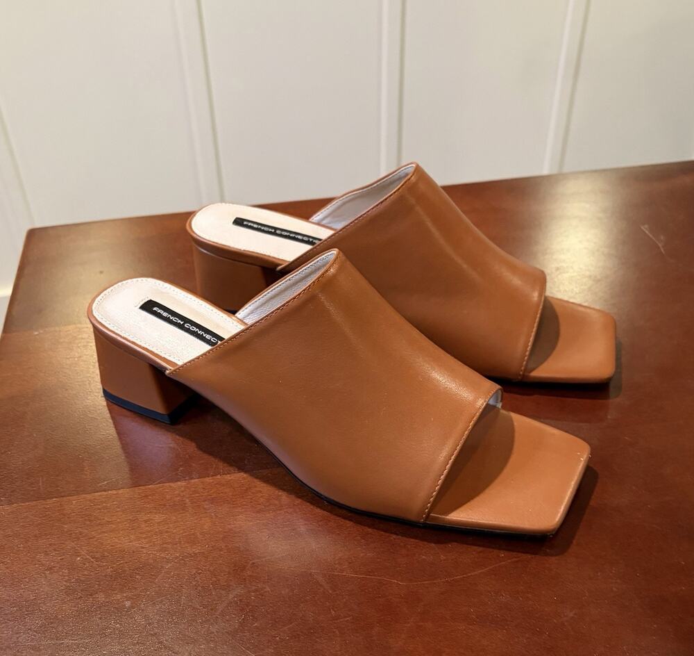 French Connection Brown Leather Square Toe Mule Slip-On Women’s US 9.5